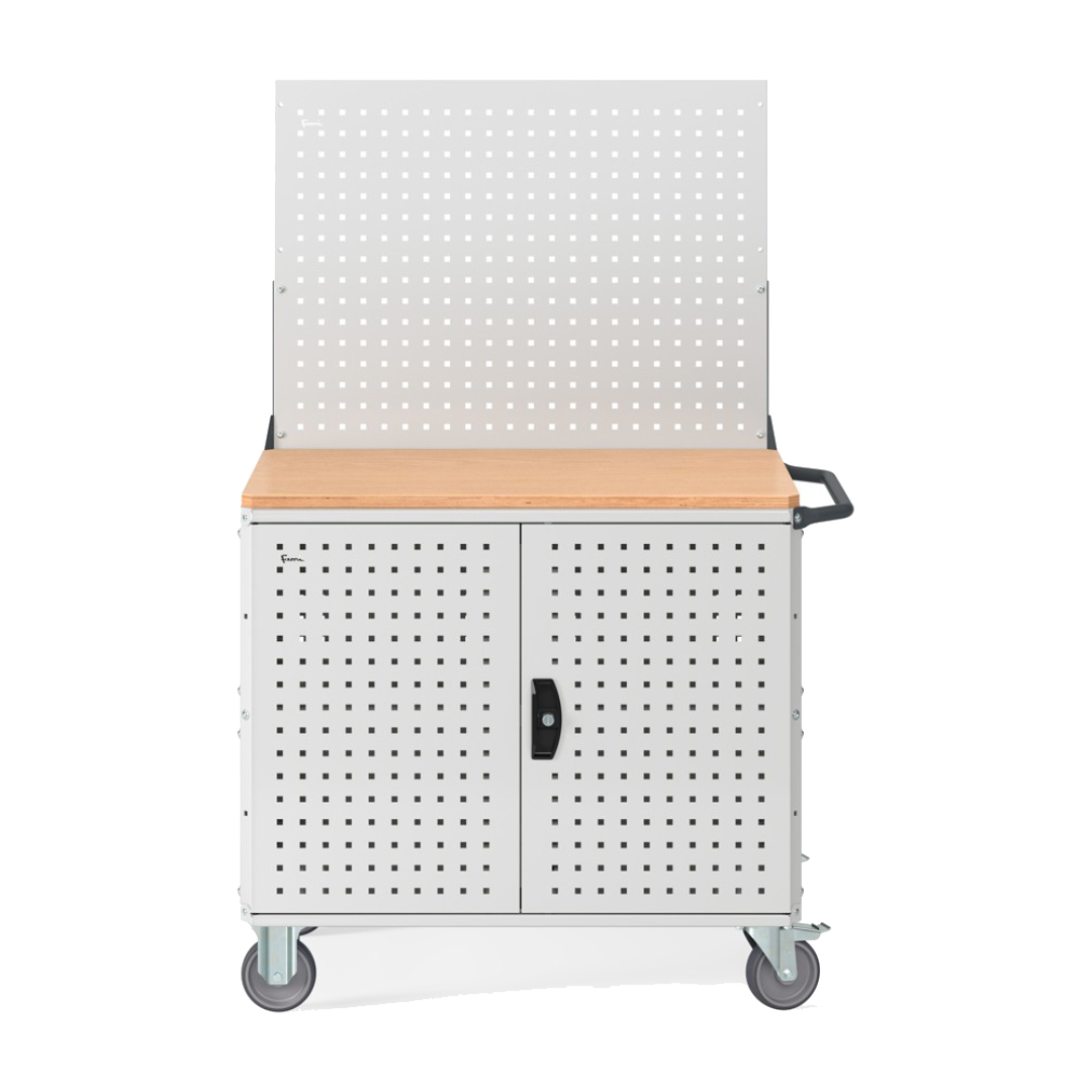 CLEVER10, Carrello a ripiani con ruote, piano in legno, piano aggiuntivo, pannelli e parete forati, coppia porte