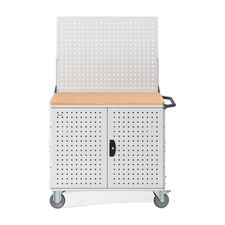 CLEVER10, Carrello a ripiani con ruote, piano in legno, piano aggiuntivo, pannelli e parete forati, coppia porte