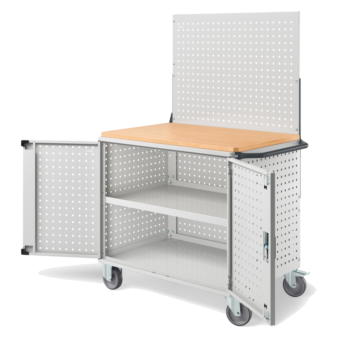 CLEVER10, Carrello a ripiani con ruote, piano in legno, piano aggiuntivo, pannelli e parete forati, coppia porte