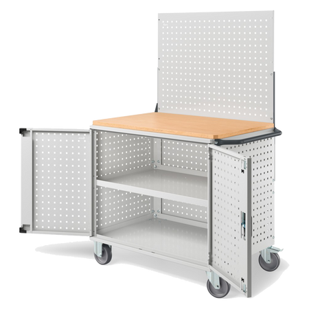 CLEVER10, Carrello a ripiani con ruote, piano in legno, piano aggiuntivo, pannelli e parete forati, coppia porte