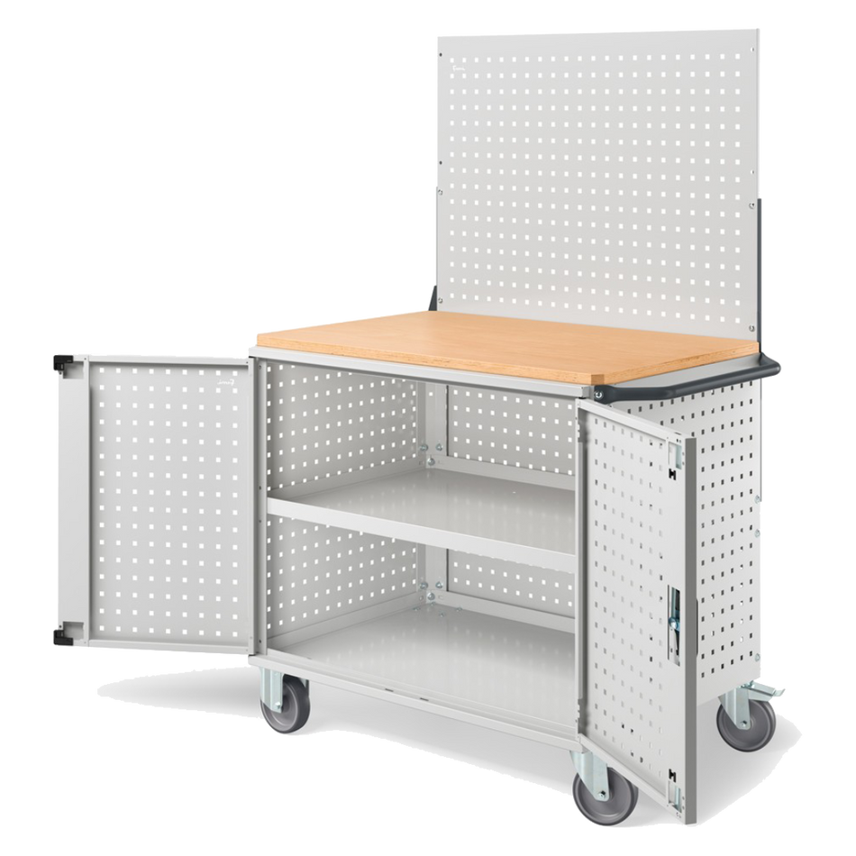 CLEVER10, Carrello a ripiani con ruote, piano in legno, piano aggiuntivo, pannelli e parete forati, coppia porte