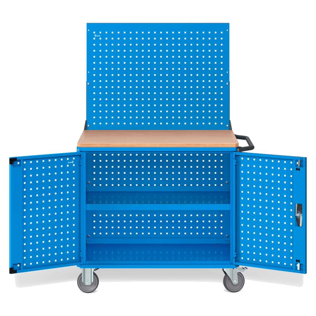 CLEVER10, Carrello a ripiani con ruote, piano in legno, piano aggiuntivo, pannelli e parete forati, coppia porte