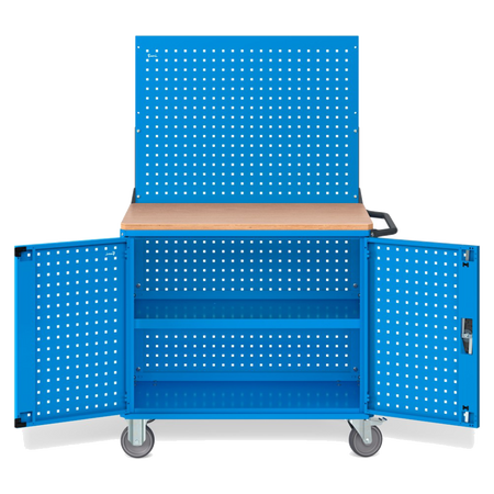 CLEVER10, Carrello a ripiani con ruote, piano in legno, piano aggiuntivo, pannelli e parete forati, coppia porte