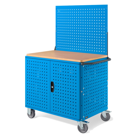 CLEVER10, Carrello a ripiani con ruote, piano in legno, piano aggiuntivo, pannelli e parete forati, coppia porte