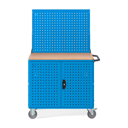 CLEVER10, Carrello a ripiani con ruote, piano in legno, piano aggiuntivo, pannelli e parete forati, coppia porte