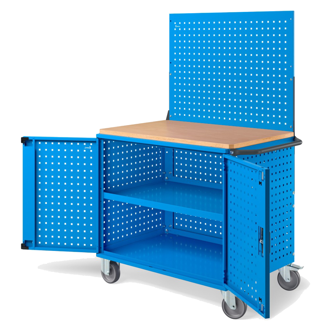 CLEVER10, Carrello a ripiani con ruote, piano in legno, piano aggiuntivo, pannelli e parete forati, coppia porte