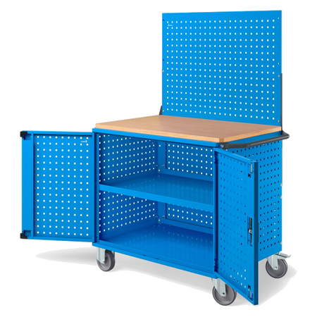 CLEVER10, Carrello a ripiani con ruote, piano in legno, piano aggiuntivo, pannelli e parete forati, coppia porte