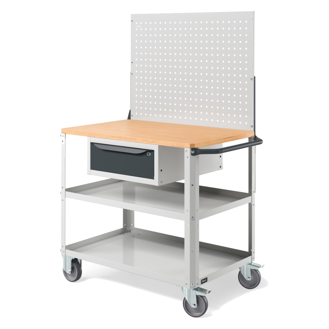 CLEVER10, Carrello a ripiani con ruote, con piano in legno, piano aggiuntivo, cassetto e parete forata