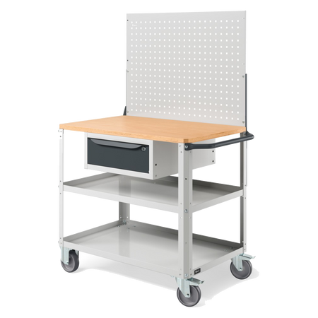 CLEVER10, Carrello a ripiani con ruote, con piano in legno, piano aggiuntivo, cassetto e parete forata