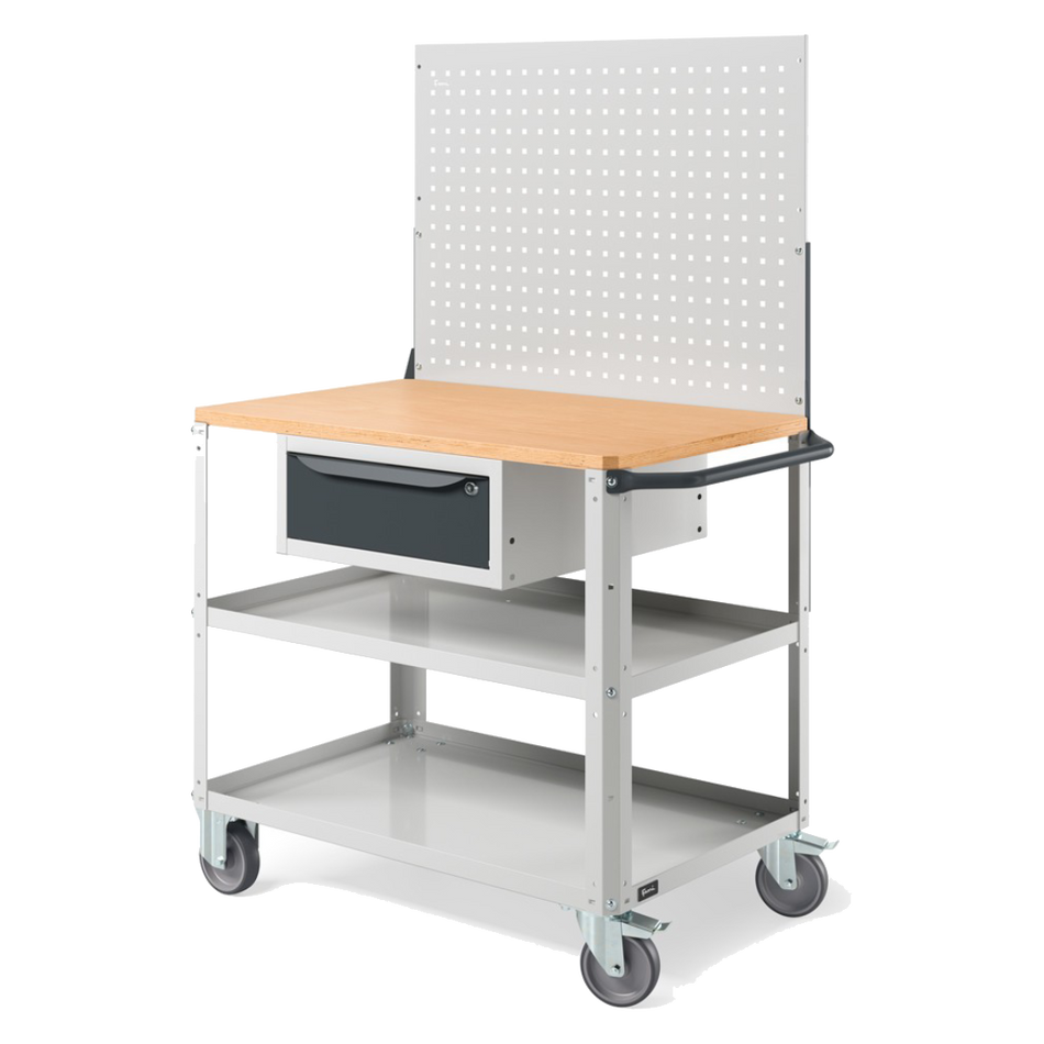 CLEVER10, Carrello a ripiani con ruote, con piano in legno, piano aggiuntivo, cassetto e parete forata