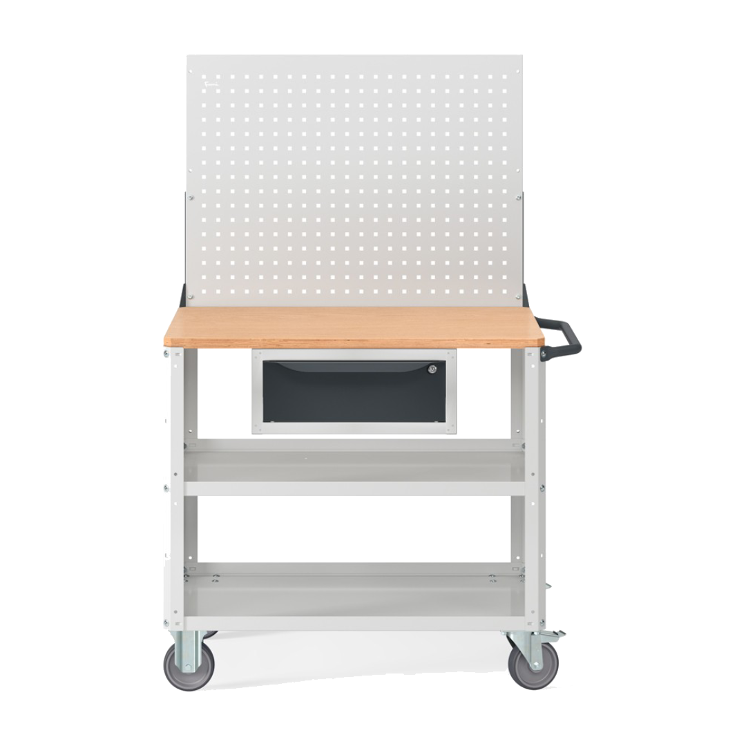 CLEVER10, Carrello a ripiani con ruote, con piano in legno, piano aggiuntivo, cassetto e parete forata