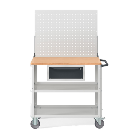 CLEVER10, Carrello a ripiani con ruote, con piano in legno, piano aggiuntivo, cassetto e parete forata