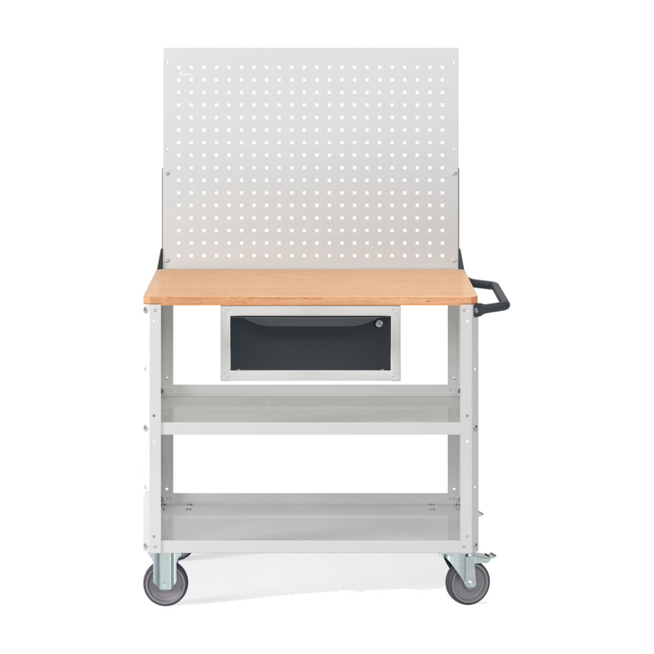 CLEVER10, Carrello a ripiani con ruote, con piano in legno, piano aggiuntivo, cassetto e parete forata