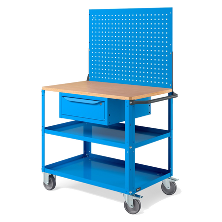 CLEVER10, Carrello a ripiani con ruote, con piano in legno, piano aggiuntivo, cassetto e parete forata