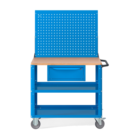 CLEVER10, Carrello a ripiani con ruote, con piano in legno, piano aggiuntivo, cassetto e parete forata