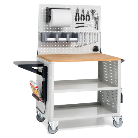 CLEVER10, Carrello a ripiani con ruote, piano in legno, piano aggiuntivo, pannelli e parete forati