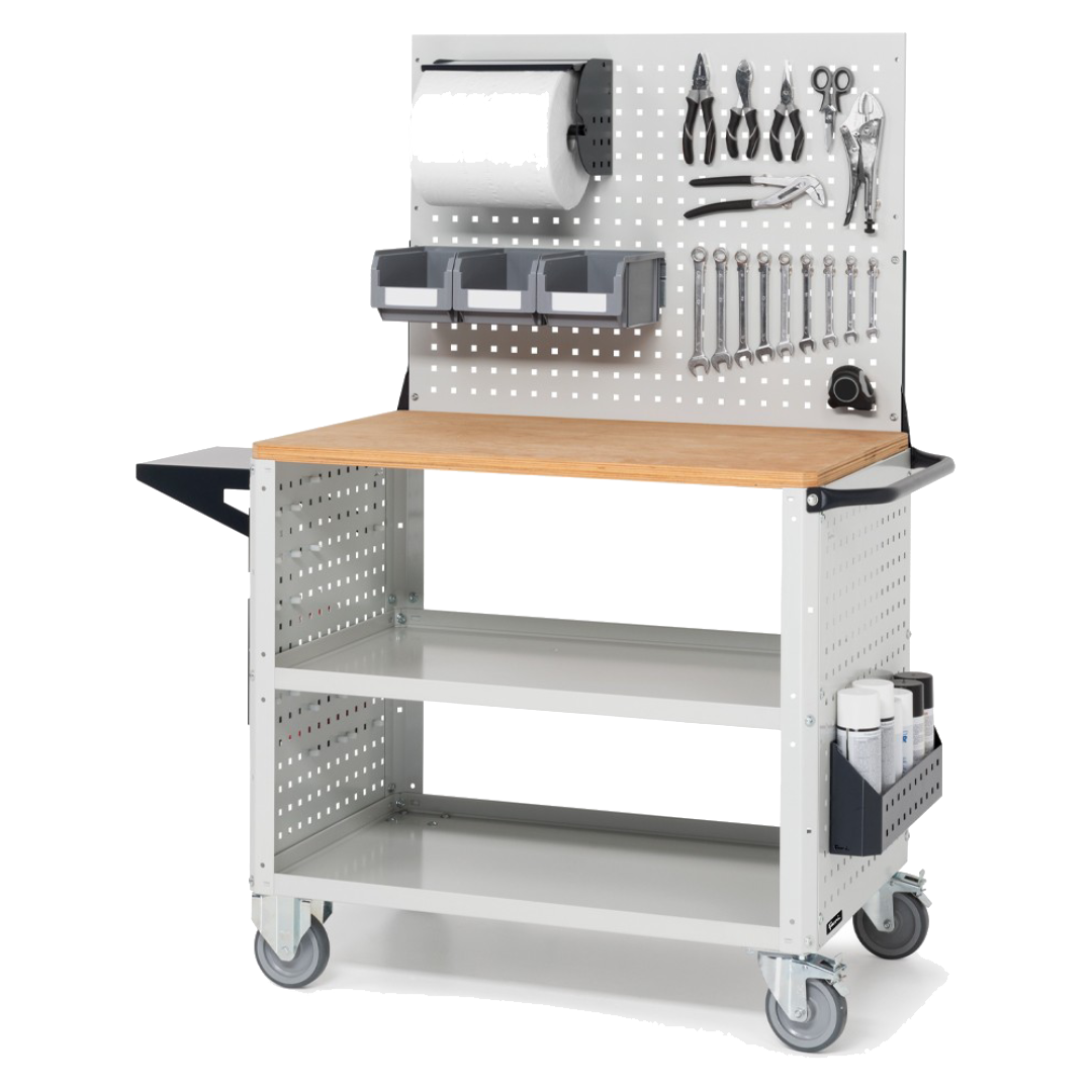 CLEVER10, Carrello a ripiani con ruote, piano in legno, piano aggiuntivo, pannelli e parete forati