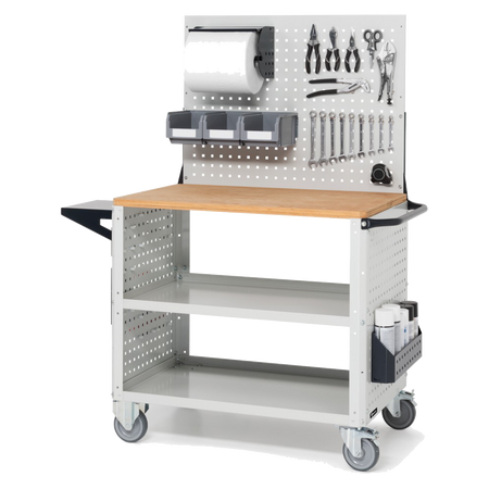 CLEVER10, Carrello a ripiani con ruote, piano in legno, piano aggiuntivo, pannelli e parete forati