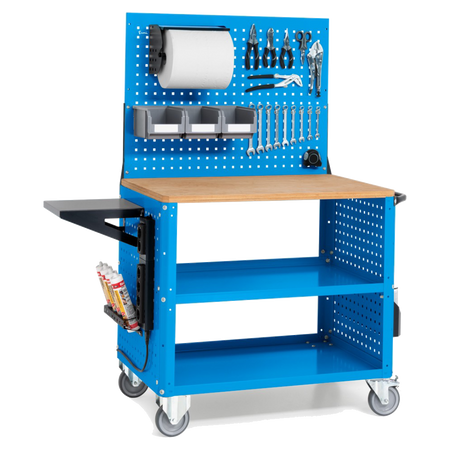 CLEVER10, Carrello a ripiani con ruote, piano in legno, piano aggiuntivo, pannelli e parete forati