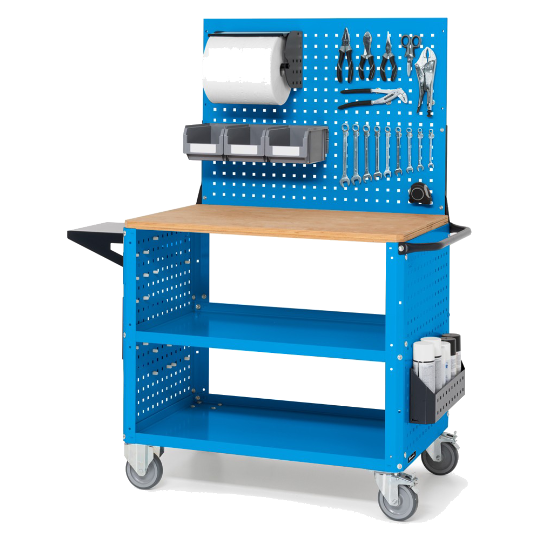 CLEVER10, Carrello a ripiani con ruote, piano in legno, piano aggiuntivo, pannelli e parete forati