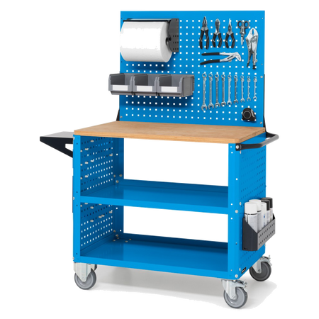 CLEVER10, Carrello a ripiani con ruote, piano in legno, piano aggiuntivo, pannelli e parete forati