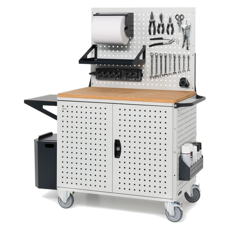 CLEVER10, Carrello a ripiani con ruote, piano in legno, piano aggiuntivo, pannelli, coppia porte e parete forati