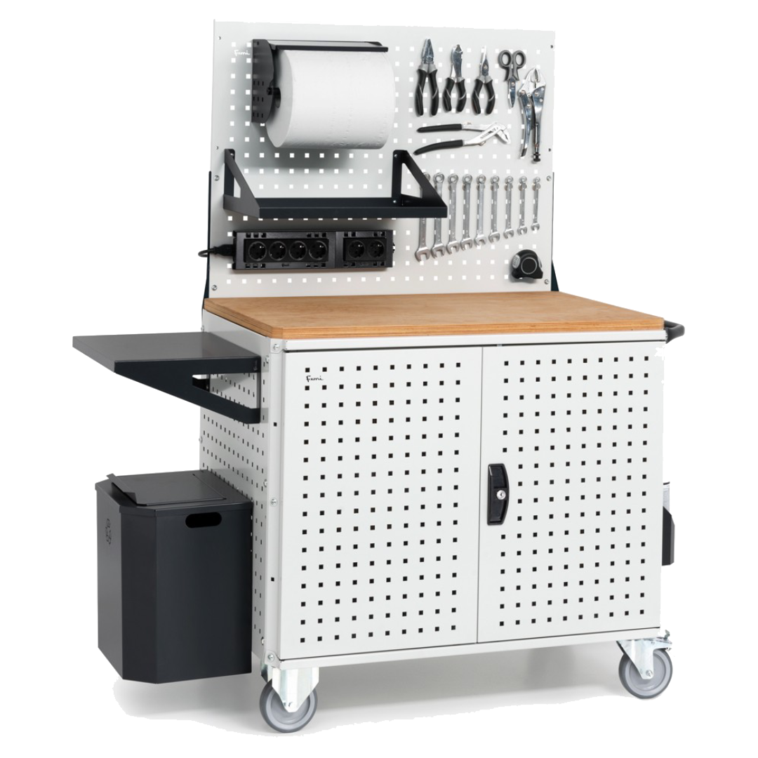 CLEVER10, Carrello a ripiani con ruote, piano in legno, piano aggiuntivo, pannelli, coppia porte e parete forati