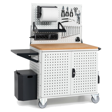 CLEVER10, Carrello a ripiani con ruote, piano in legno, piano aggiuntivo, pannelli, coppia porte e parete forati