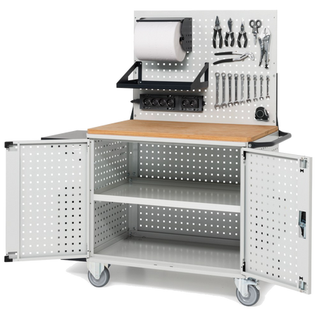 CLEVER10, Carrello a ripiani con ruote, piano in legno, piano aggiuntivo, pannelli, coppia porte e parete forati