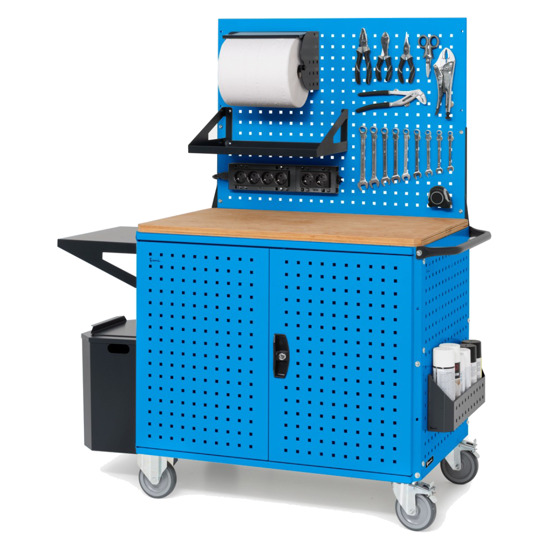 CLEVER10, Carrello a ripiani con ruote, piano in legno, piano aggiuntivo, pannelli, coppia porte e parete forati