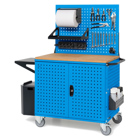 CLEVER10, Carrello a ripiani con ruote, piano in legno, piano aggiuntivo, pannelli, coppia porte e parete forati