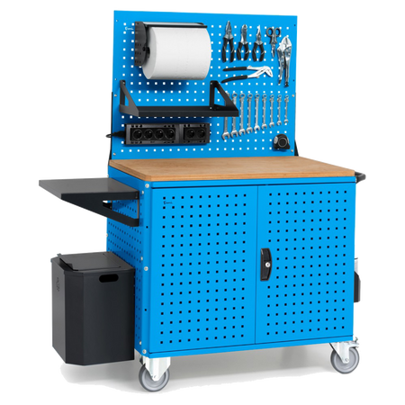 CLEVER10, Carrello a ripiani con ruote, piano in legno, piano aggiuntivo, pannelli, coppia porte e parete forati