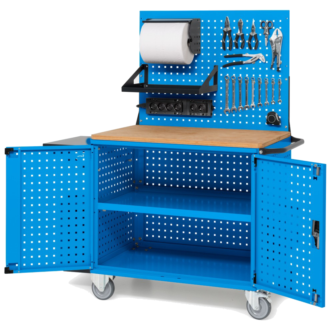 CLEVER10, Carrello a ripiani con ruote, piano in legno, piano aggiuntivo, pannelli, coppia porte e parete forati