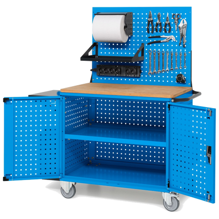 CLEVER10, Carrello a ripiani con ruote, piano in legno, piano aggiuntivo, pannelli, coppia porte e parete forati