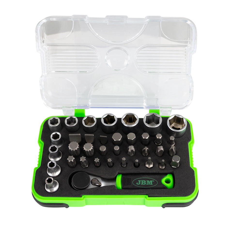 Tool case with 38 pieces and sockets + 1/4 mini ratchet