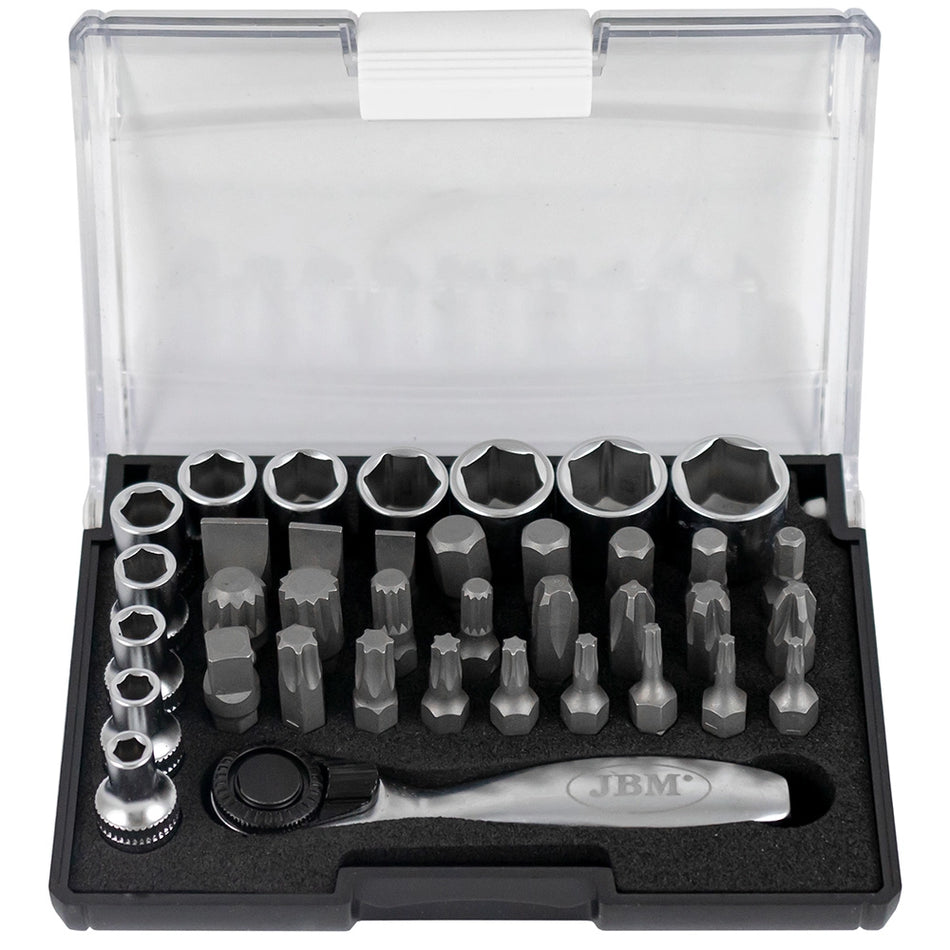 Tool case with 37 pieces and sockets + 1/4” mini ratchet