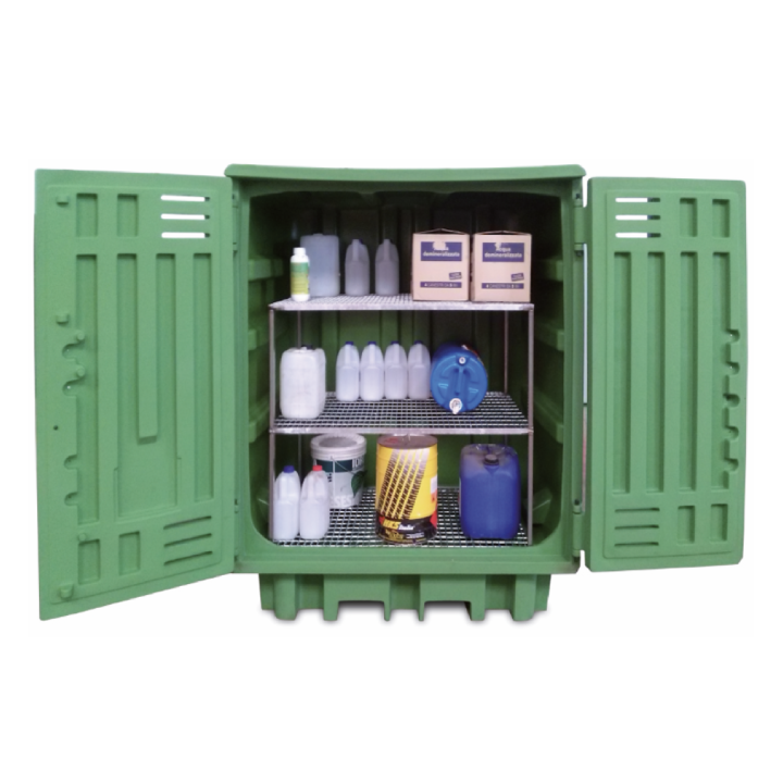 Cabinet with collection tank for 2 200 liter drums 