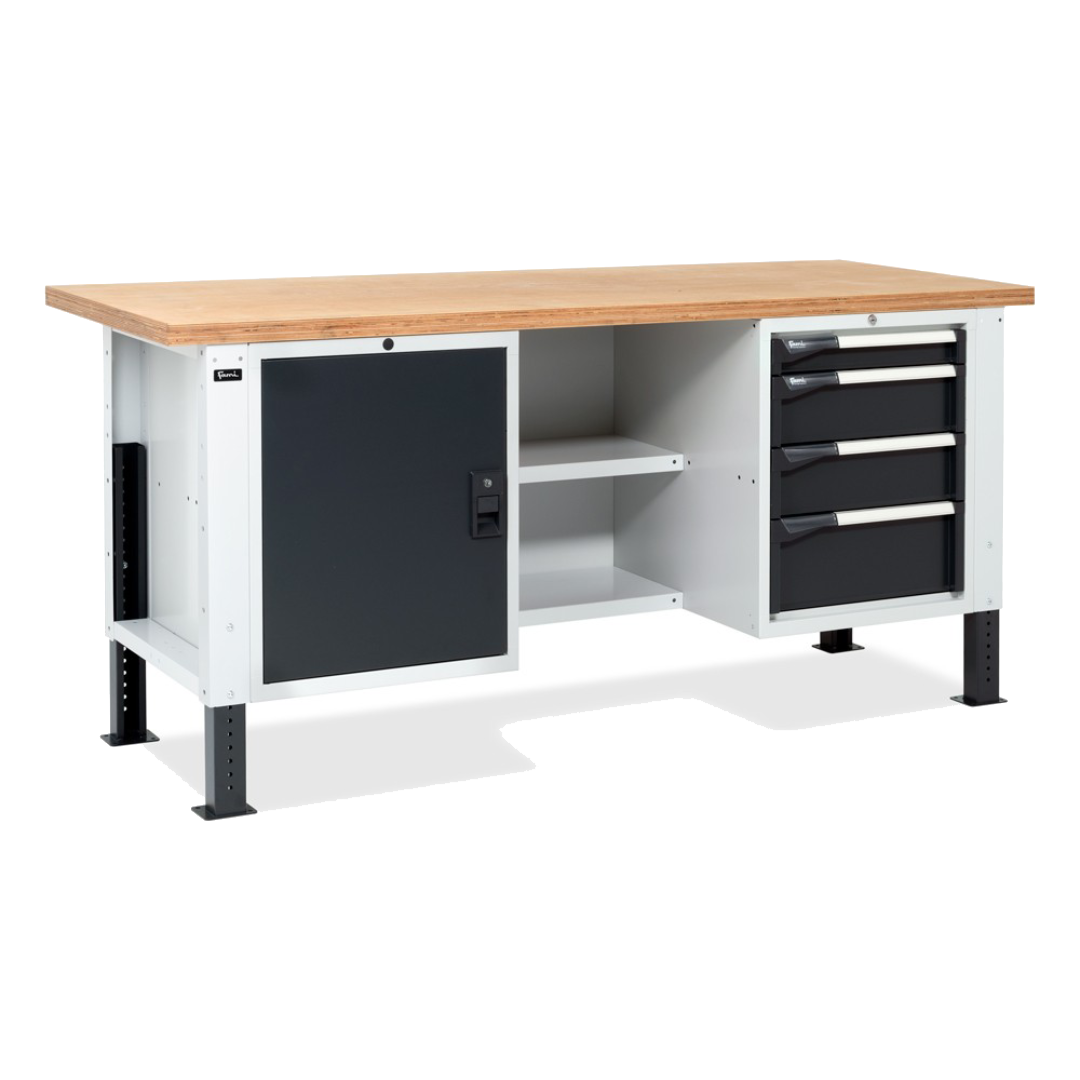 MASTERBR2001, Banco da lavoro con 1 armadio a cassetti con 4 cassetti, 1 armadio con porta e 2 semipiani