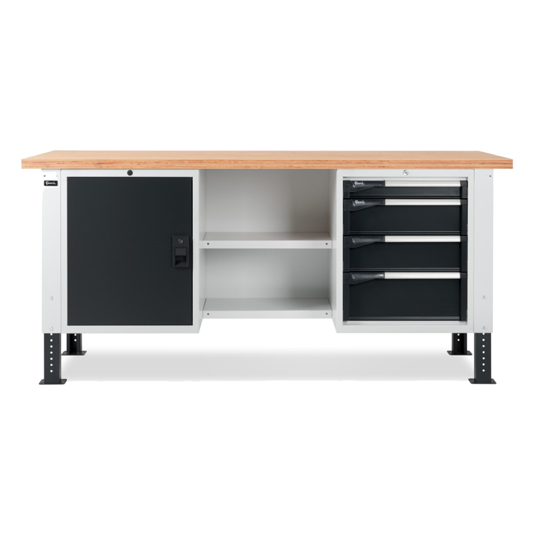 MASTERBR2001, Banco da lavoro con 1 armadio a cassetti con 4 cassetti, 1 armadio con porta e 2 semipiani