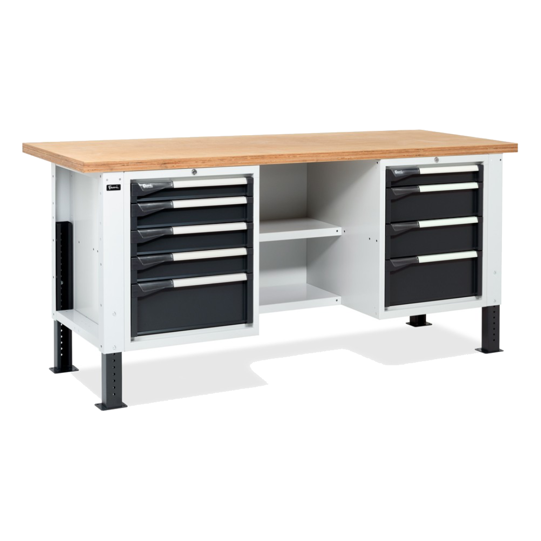 MASTERBR2002, Banco da lavoro con 1 armadio a cassetti con 4 cassetti, 1 armadio con 5 cassetti e 2 semipiani