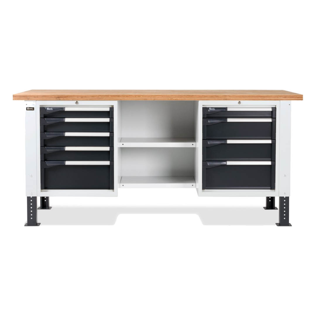 MASTERBR2002, Banco da lavoro con 1 armadio a cassetti con 4 cassetti, 1 armadio con 5 cassetti e 2 semipiani