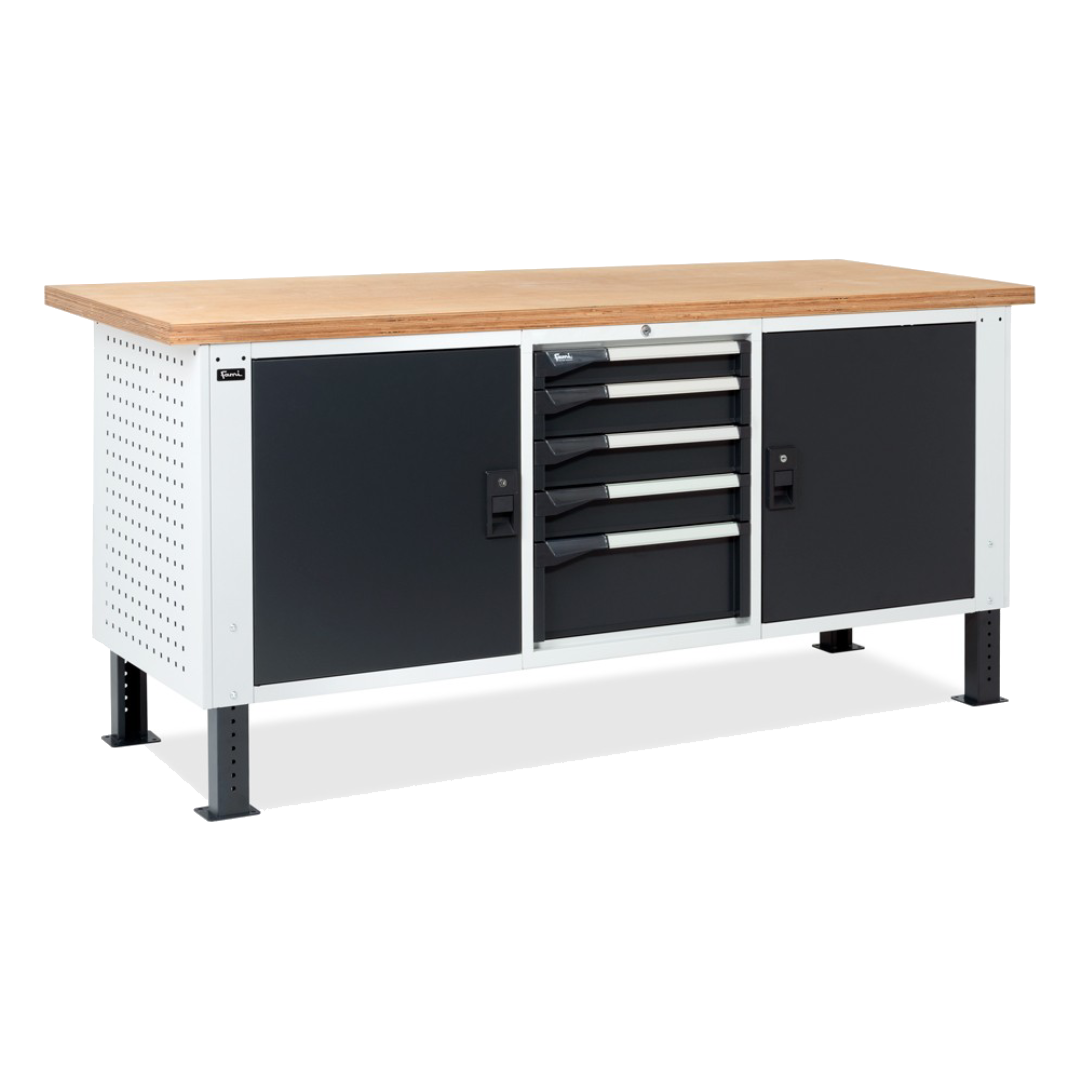MASTERBR2003, Banco da lavoro con 1 armadio a cassetti con 5 cassetti e 2 armadi con porta