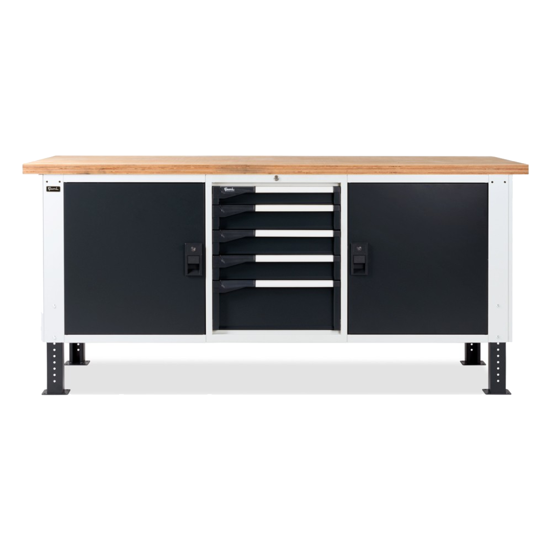 MASTERBR2003, Banco da lavoro con 1 armadio a cassetti con 5 cassetti e 2 armadi con porta