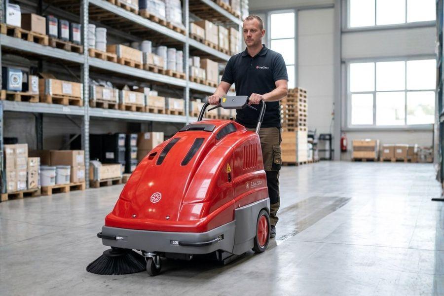 Spazzatrice elettrica uomo a terra per la pulizia industriale, progettata per garantire efficienza, sicurezza e prestazioni elevate nella manutenzione di ambienti interni ed esterni.