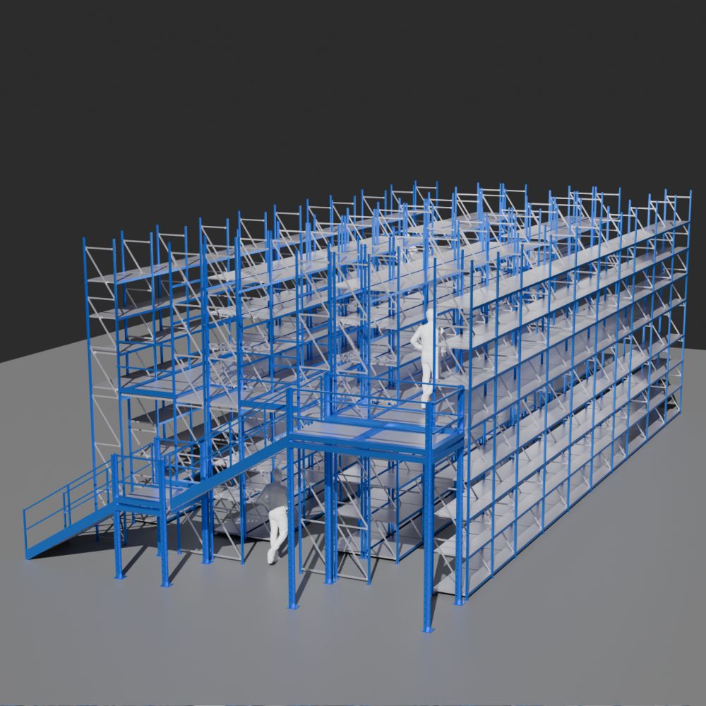 Progetto di scaffalatura con soppalco per magazzini industriali, studiato per ottimizzare lo spazio, garantire sicurezza strutturale e migliorare l’efficienza di stoccaggio e movimentazione.