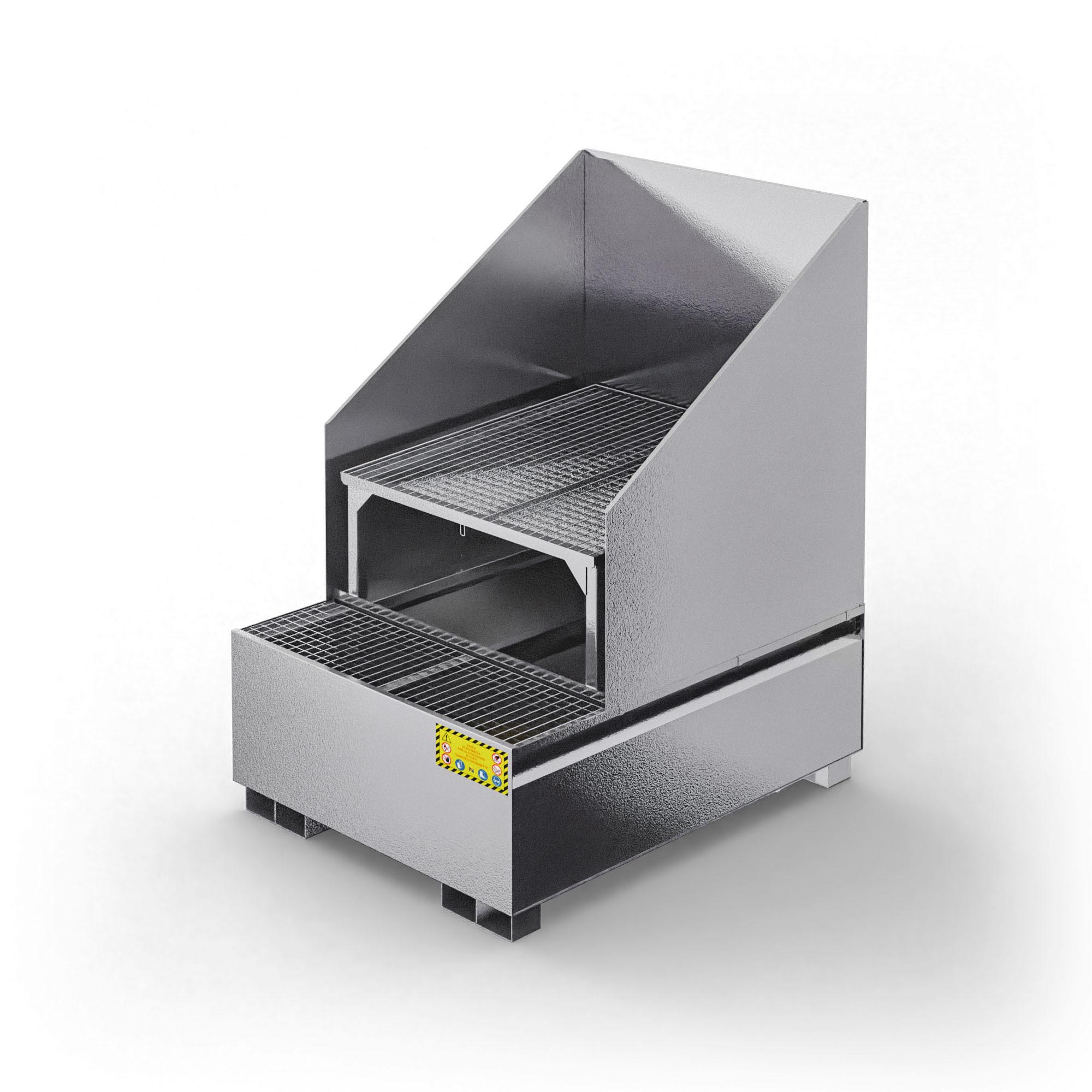 Vasca inclinata di raccolta in metallo con paraspruzzi per 1 cisternetta da 1000 LT IBC