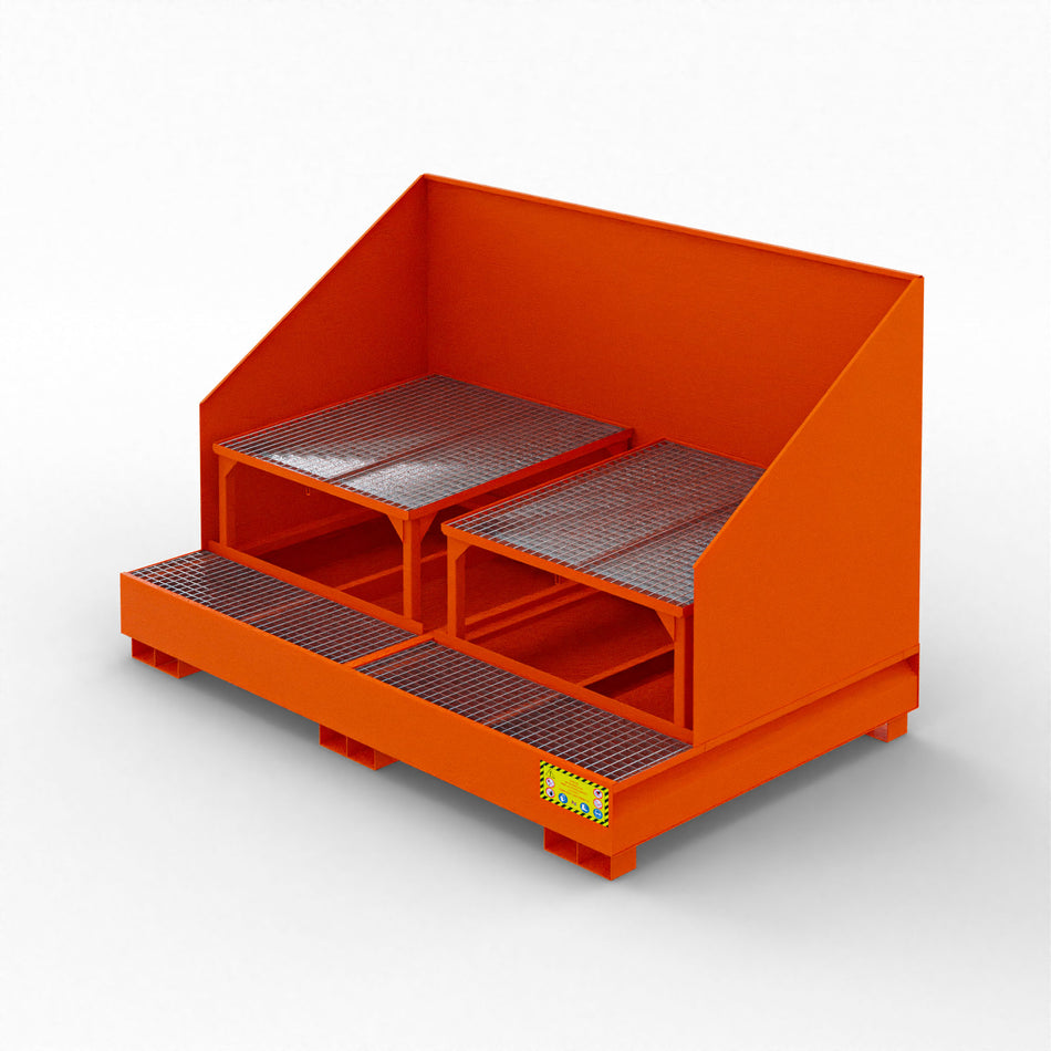 Schräger Auffangbehälter aus Metall mit Spritzschutz für 2 1000-Liter-IBC-Tanks 