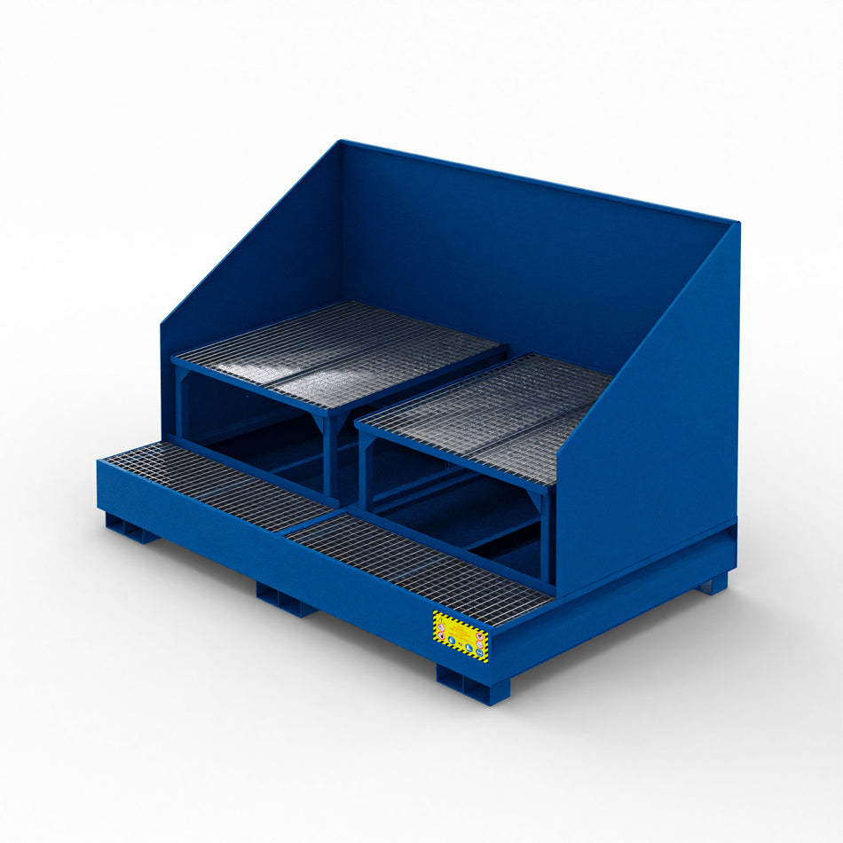 Schräger Auffangbehälter aus Metall mit Spritzschutz für 2 1000-Liter-IBC-Tanks 