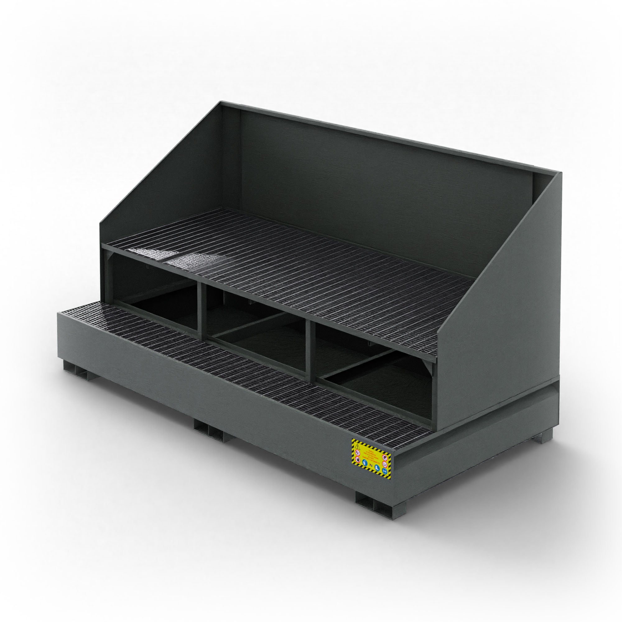 Vasca inclinata di raccolta in metallo con paraspruzzi per 3 cisternette da 1000 LT IBC