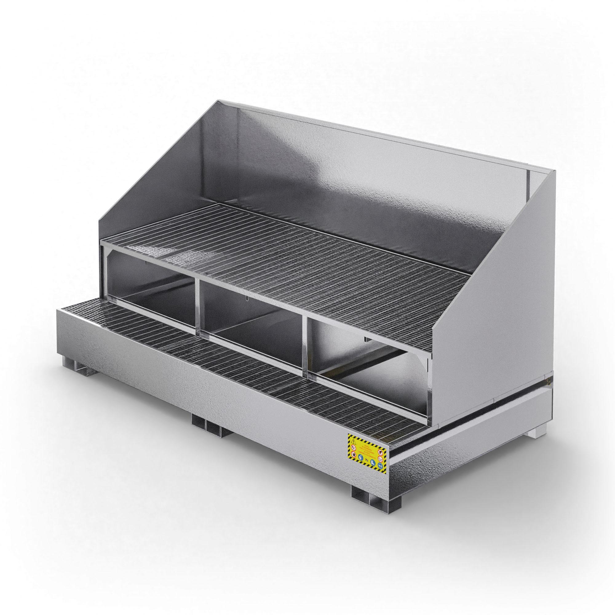 Vasca inclinata di raccolta in metallo con paraspruzzi per 3 cisternette da 1000 LT IBC